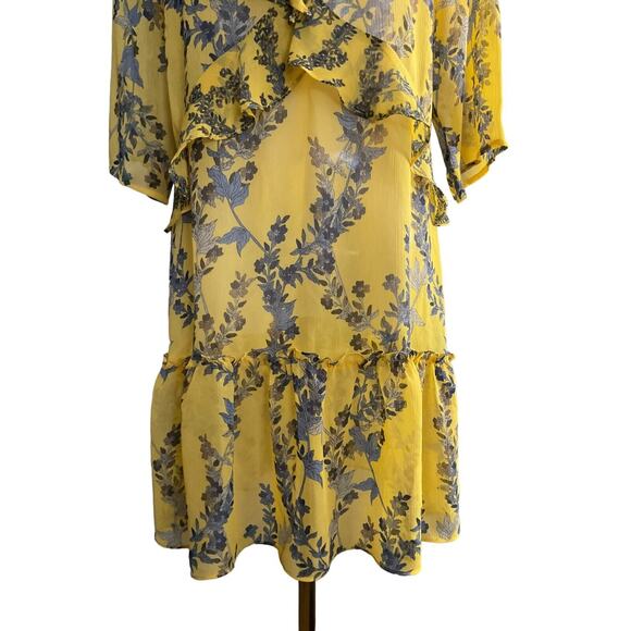 BCBGMAXAZRIA XXS Yellow Dress Floral V-Neck Ruffle Tiered Hemline Polyester - Picture 10 of 12